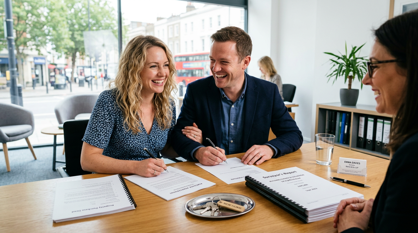 Happy first time buyers signing property documents