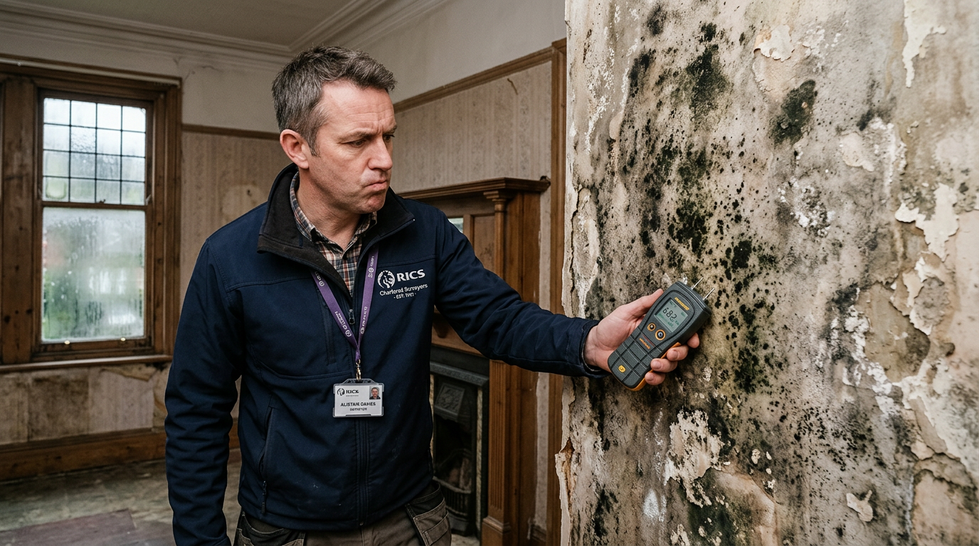 Surveyor checking for damp on walls of an older Victorian house