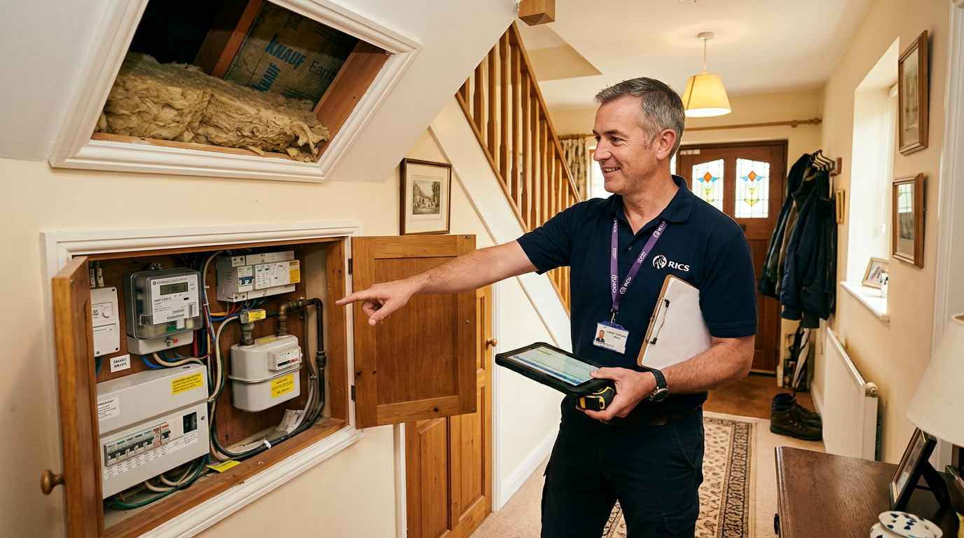 RICS surveyor conducting an EPC energy performance assessment in a British home