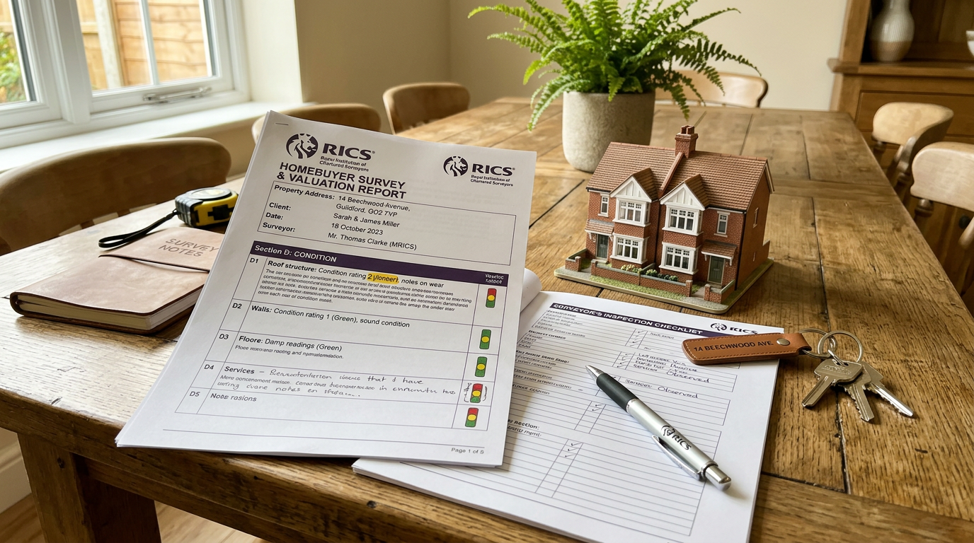 RICS homebuyer report on a desk next to house keys