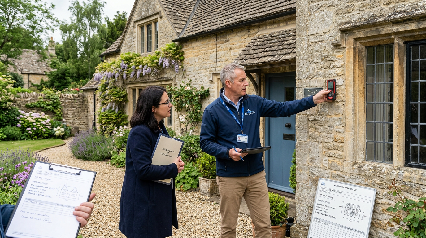 Surveyor calculating insurance reinstatement value of a British property