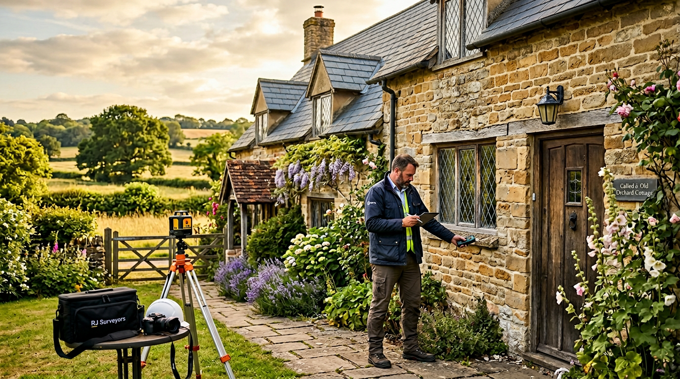 Surveyor inspecting a traditional listed stone cottage in West Sussex