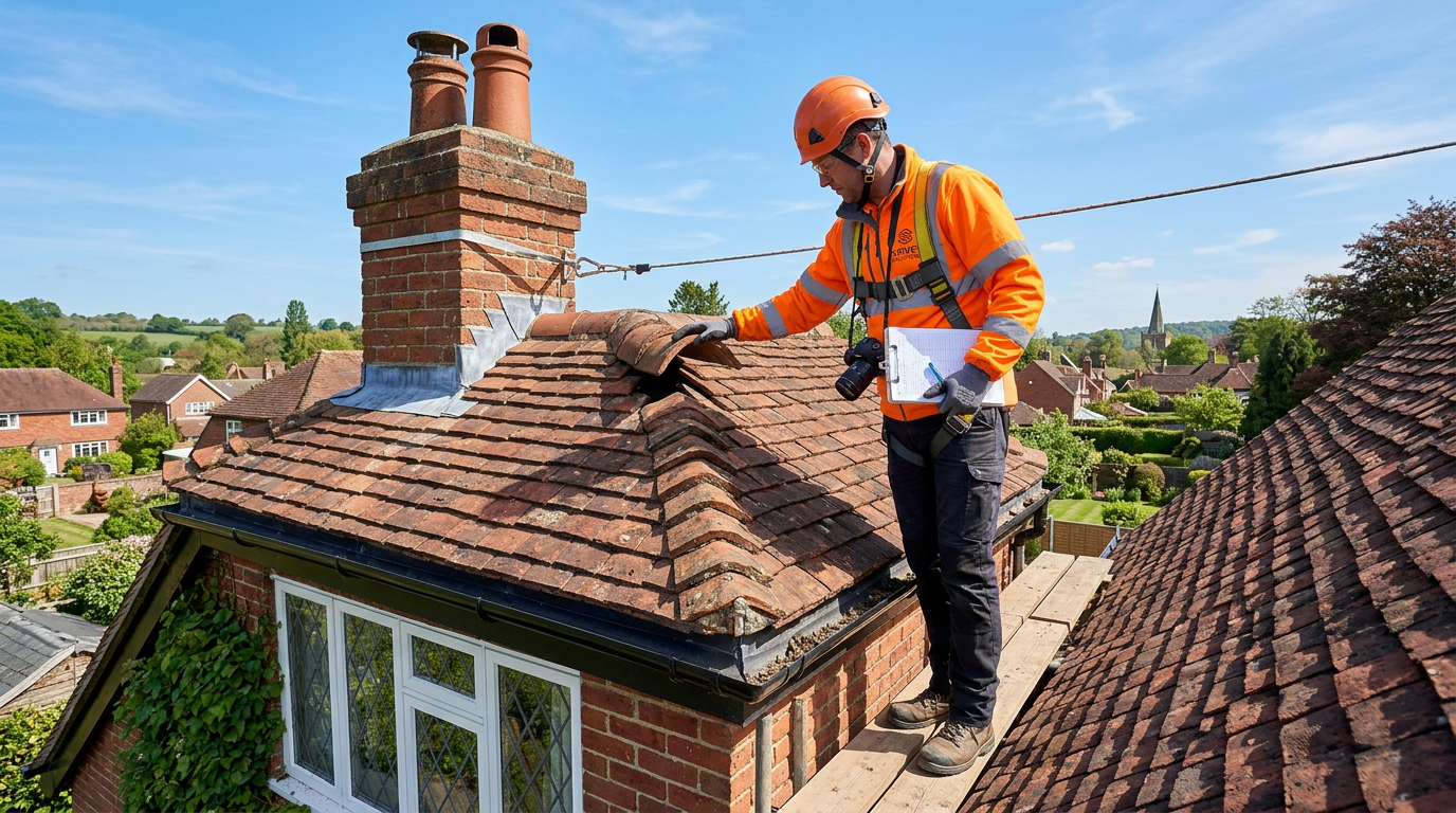 Surveyor on roof of English house inspecting tiles and chimney
