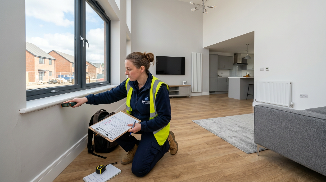 Professional surveyor conducting a snagging inspection in a brand new British home