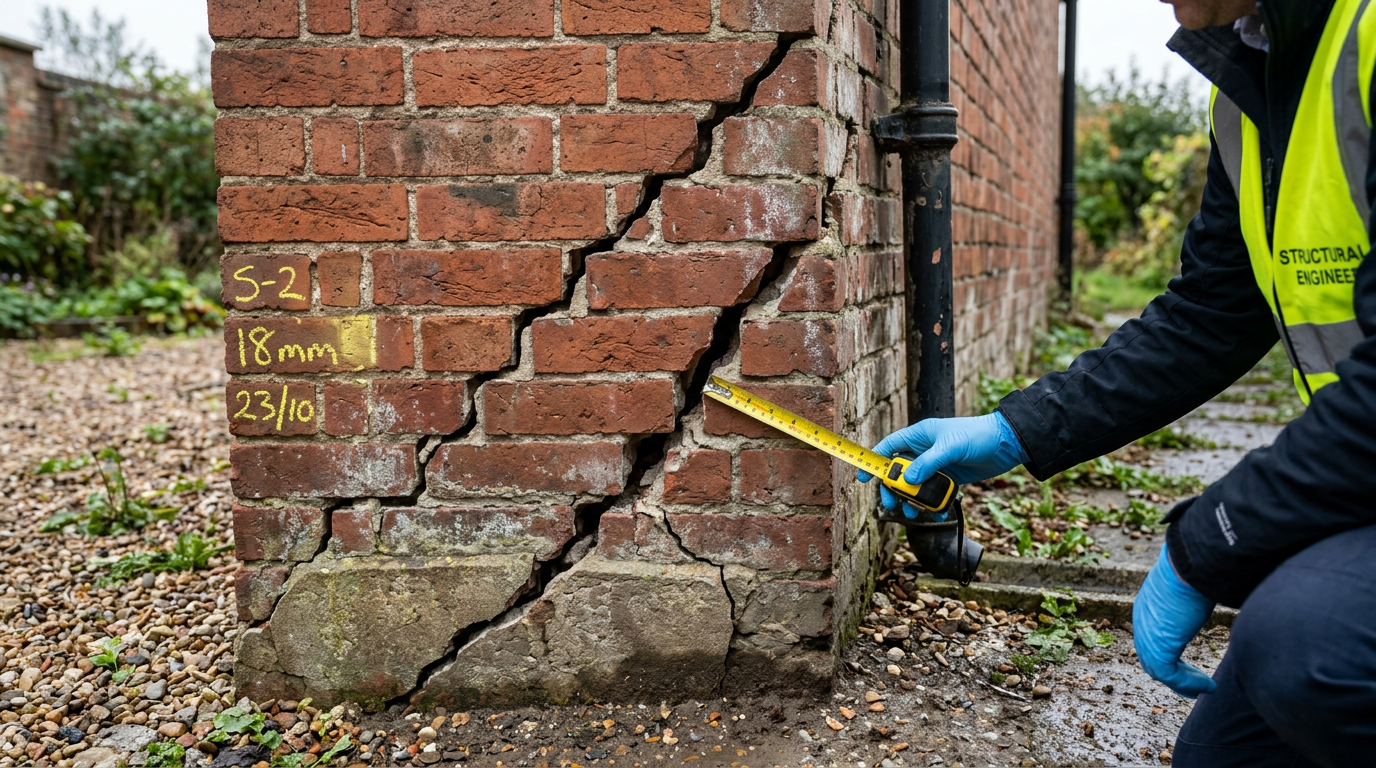 Diagonal crack in brick wall indicating subsidence in a British property