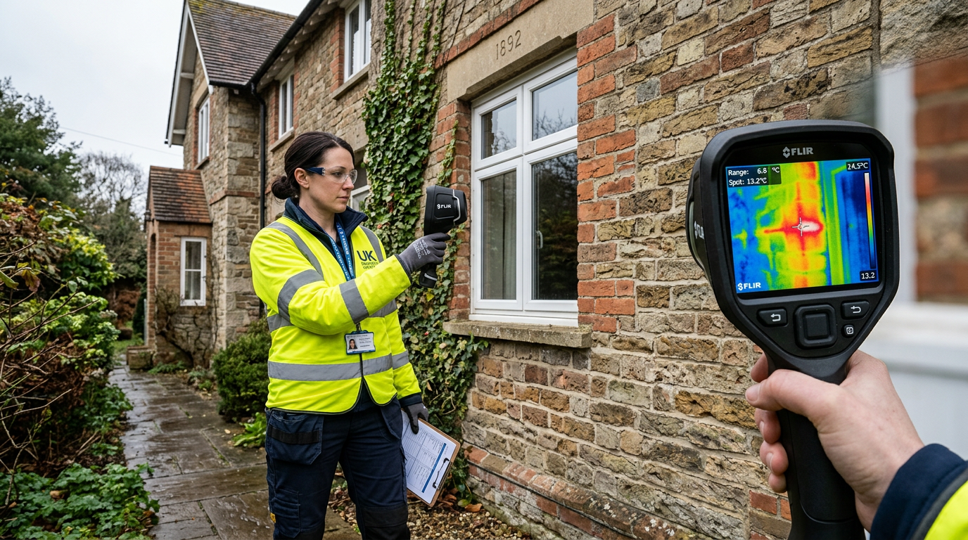 Surveyor using thermal imaging camera on a British property