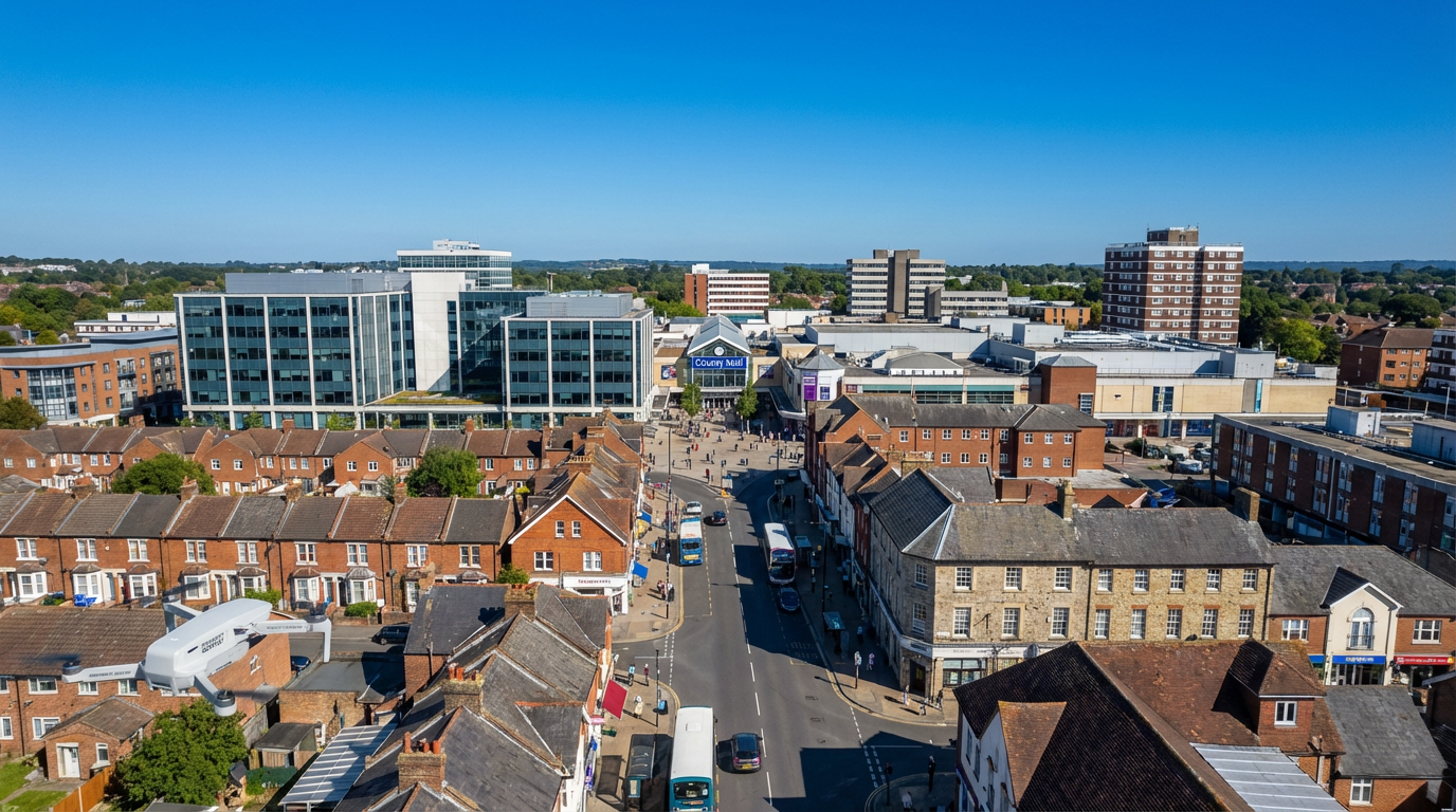 Aerial view of Crawley, West Sussex properties